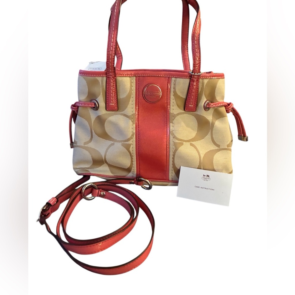 NWT COACH SIGNATURE STRIPE MINI CARRYALL BAG KHAKI WITH PINK TRIM